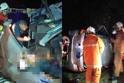 Anggota bomba mengeluarkan mangsa yang tersepit akibat kenderaan yang dinaiki terbabas.