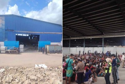 Gambar kiri: Salah sebuah kilang dipercayai memproses e-waste yang diserbu di Segamat, Johor pada Isnin. Gambar kanan: Antara warga asing yang diperiksa dalam serbuan kilang e-waste di Segamat, Johor pada Isnin.
