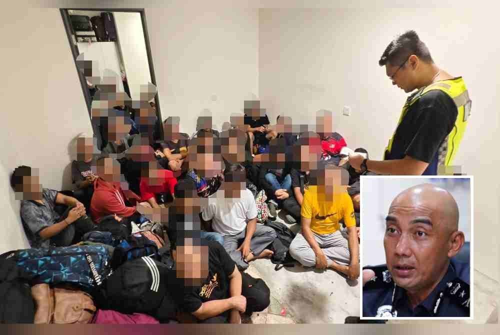 Pegawai polis menjalankan pemeriksaan terhadap individu yang ditahan dalam serbuan di dua hotel bajet di Chow Kit di sini pada Isnin. Gambar kecil: Soffian