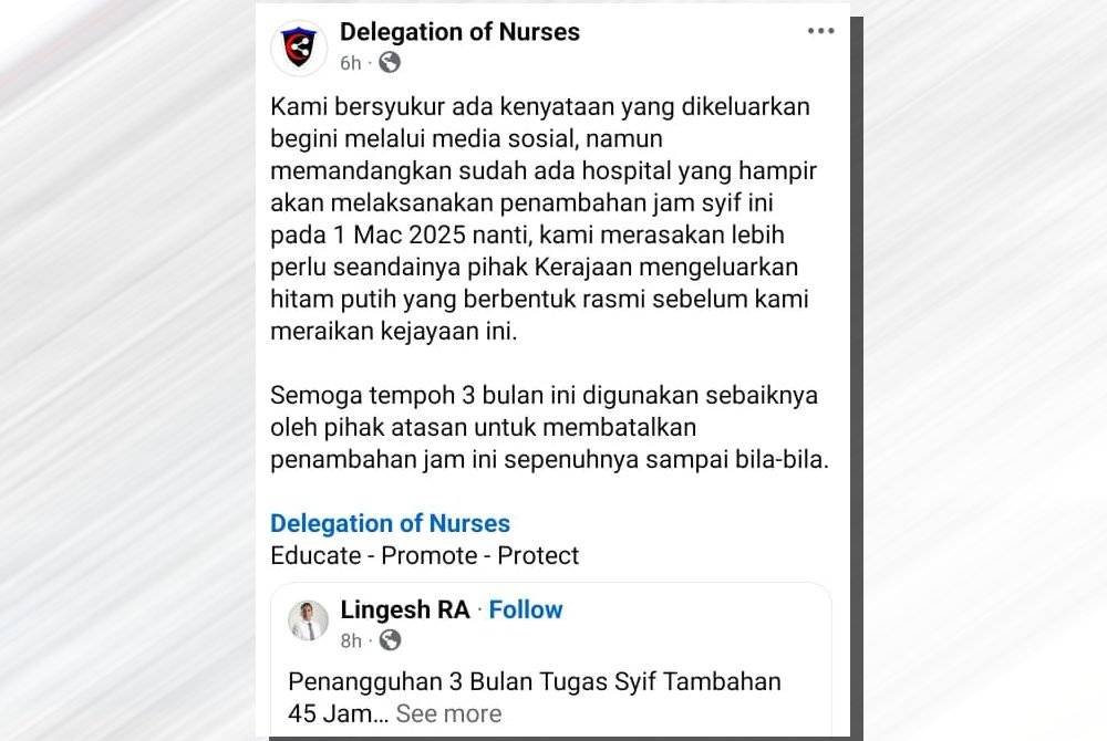 Hantaran DJM di Facebook mereka pada Selasa mengenai pelaksanaan waktu kerja 45 jam jururawat.