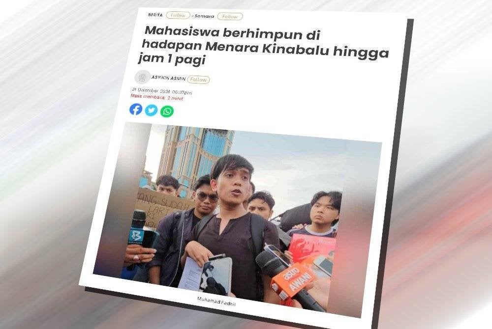 Laporan Sinar Harian mahasiswa berhimpun di hadapan Menara Kinabalu.