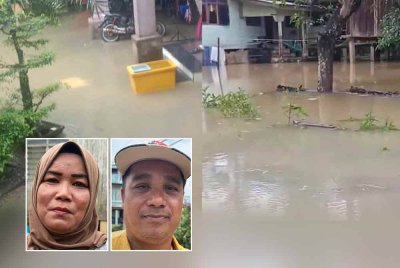 Kawasan rumah penduduk di Tersang, Rantau Panjang (foto kiri) dan di Kampung Bukit Tandak dinaiki air selepas hujan. Foto dari kiri: Suriani, Sabri.