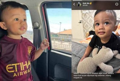 Hud Aryan berusia dua tahun dikhuatiri hilang di Kampung Aira Kuala Tiga, Tanah Merah pada Isnin. Foto JBPM