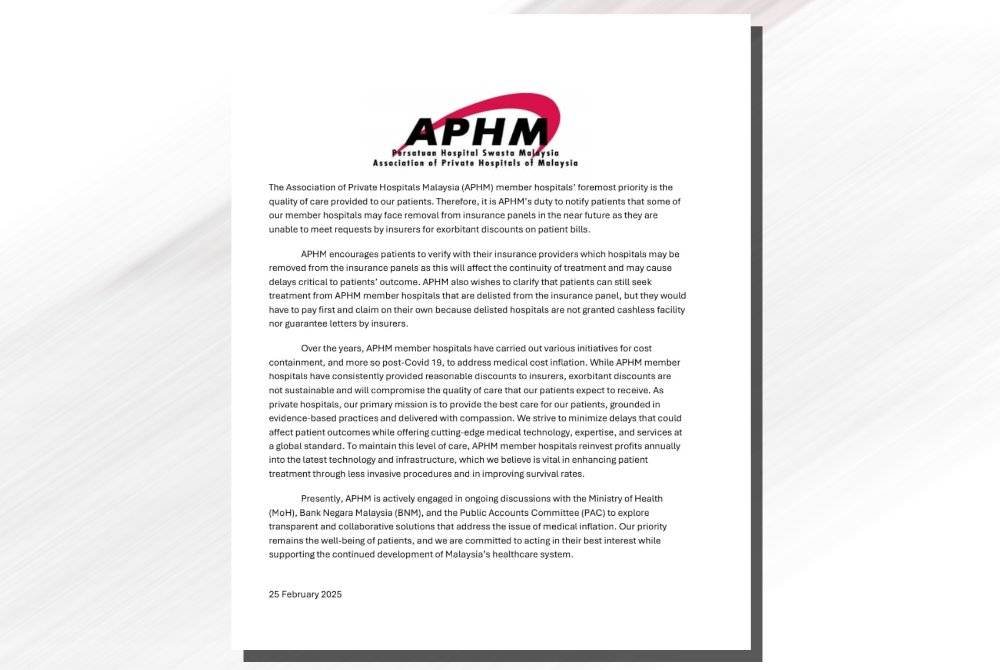 Kenyataan media APHM mengenai risiko hospital swasta dikeluarkan daripada senarai panel insurans.