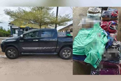 Seorang wanita warga emas ditahan Batalion 8 Pasukan Gerakan Am (PGA) Pengkalan Chepa dipercayai menjadi 'transporter' penyeludupan baju sukan tiruan pelbagai jenama di Kampung Geretak, Rantau Panjang pada Selasa. - Foto PGA