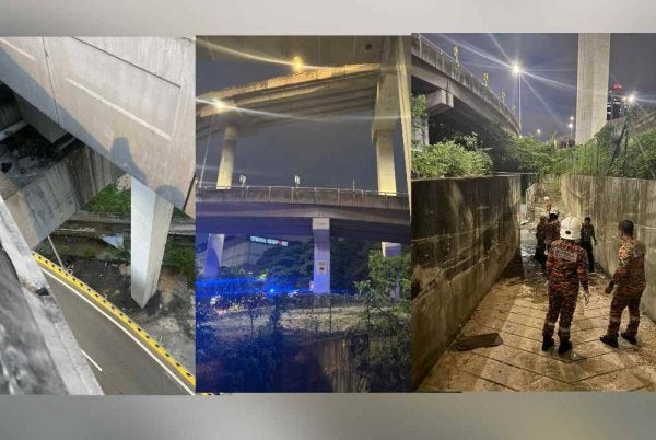 Lokasi kejadian seorang wanita maut selepas motosikal ditungganginya hilang kawalan dan terjatuh ke bawah Lebuhraya DASH pada Selasa. Kejadian berlaku di KM0.7 Lebuhraya DASH dari arah Shah Alam dan anggaran ketinggian dari tempat mangsa terjatuh adalah antara 30 hingga 35 meter.Anggota bomba tiba di lokasi kejadian bagi mengangkat mangsa yang maut di lokasi kejadian. - Foto PDRM