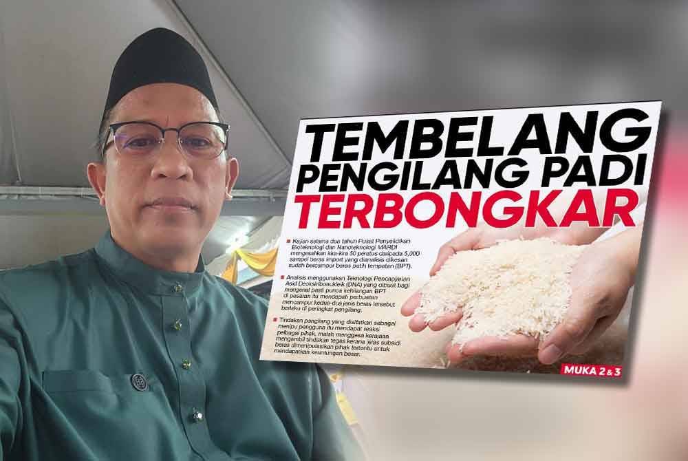 Pengerusi Pengilang Beras Melayu Malaysia (PPBMM), Mohamad Termizi Yob (kiri), Laporan Muka Depan Sinar Harian berkaitan beras putih tempatan dicampur dalam beras import