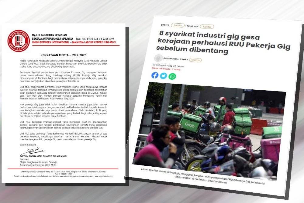 Kenyataan media UNI MLC. (Kanan: Laporan Sinar Harian berhubung 8 syarikat industri gig gesa kerajaan perhalusi RUU Pekerja Gig sebelum dibentang di Parlimen)