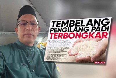 Pengerusi Pengilang Beras Melayu Malaysia (PPBMM), Mohamad Termizi Yob (kiri), Laporan Muka Depan Sinar Harian berkaitan beras putih tempatan dicampur dalam beras import