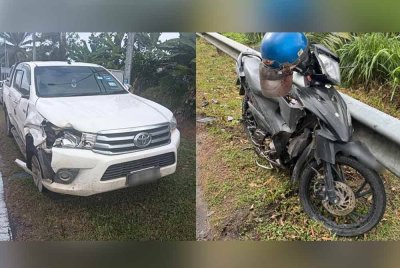 Toyota Hilux (kiri) Yang dipandu seorang lelaki berusia 28 tahun. Foto kanan: Motosikal (kanan) mangsa yang maut akibat kemalangan tersebut.