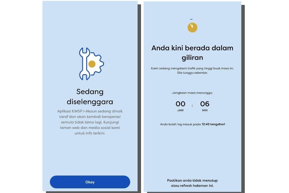 Tangkap layar status aplikasi KWSP i-Akaun yang mengalami aliran trafik tinggi dan masih diselenggara.
