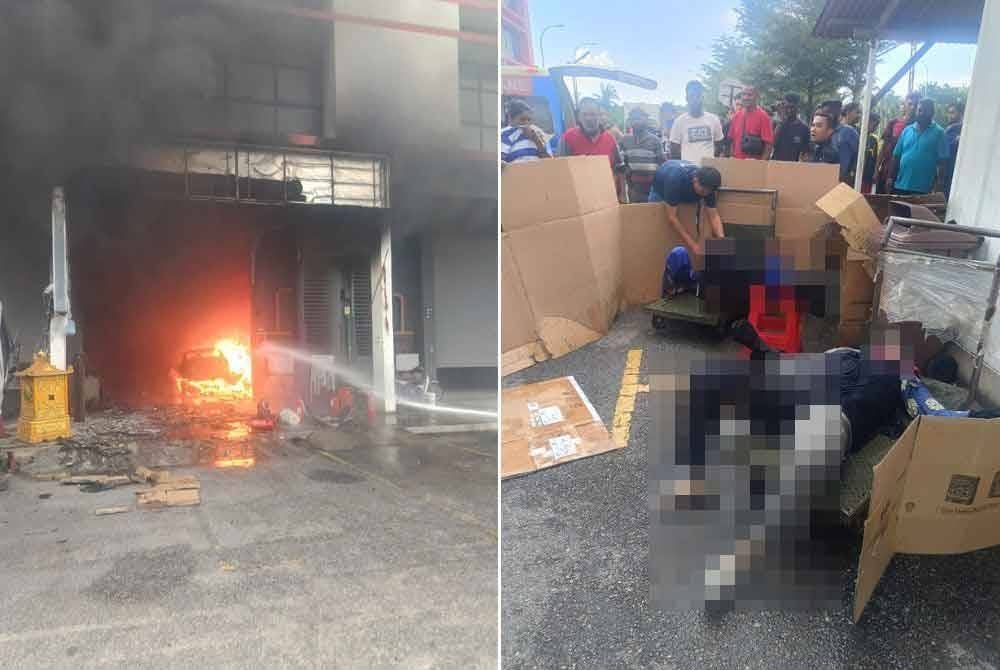 Bangunan tiga tingkat menempatkan sebuah bengkel terbakar di Jalan Sungai Puloh 5, Kawasan Perindustrian Sungai Puloh di sini pada Sabtu. Foto kanan: Dua lelaki melecur susulan kejadian terbabit.