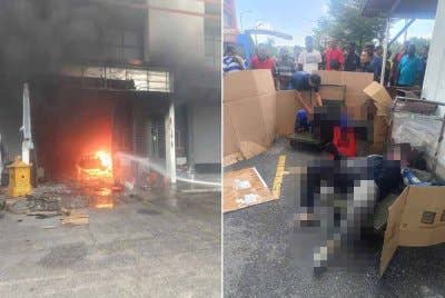 Bangunan tiga tingkat menempatkan sebuah bengkel terbakar di Jalan Sungai Puloh 5, Kawasan Perindustrian Sungai Puloh di sini pada Sabtu. Foto kanan: Dua lelaki melecur susulan kejadian terbabit.