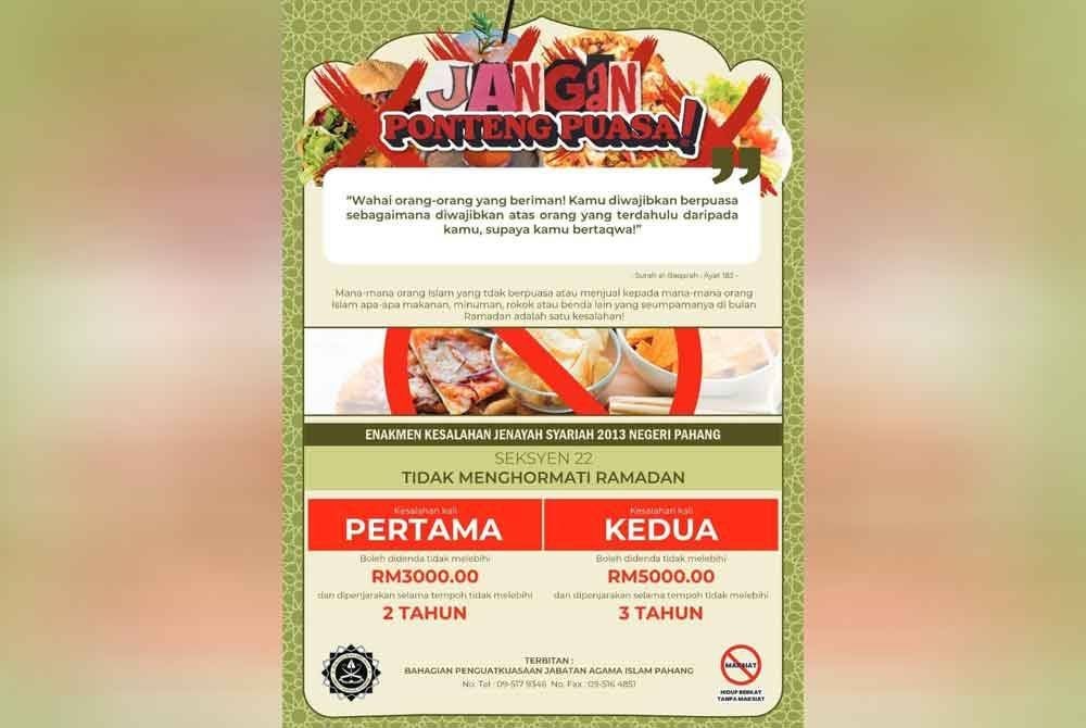 Hebahan mengenai tindakan tegas terhadap warga Pahang yang tidak menghormati bulan Ramadan. - Foto: FB JAIP.