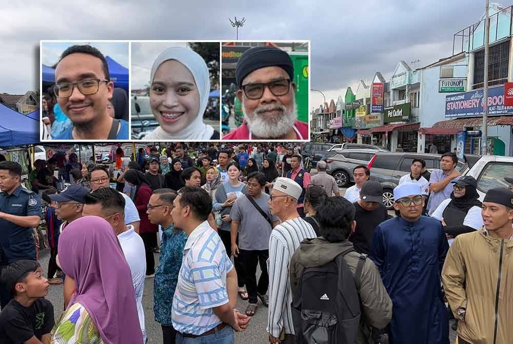 Orang ramai mula memenuhi bazar ramadan seawal jam 4 petang. Gambar kecil: Muhamad Akmal, Nur Syahadah, dan Abdullah Halid.