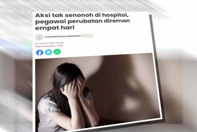 Laporan Sinar Harian mengenai seorang pegawai perubatan ditahan selepas didakwa berkelakuan tidak senonoh terhadap seorang pesakit wanita di sebuah hospital.