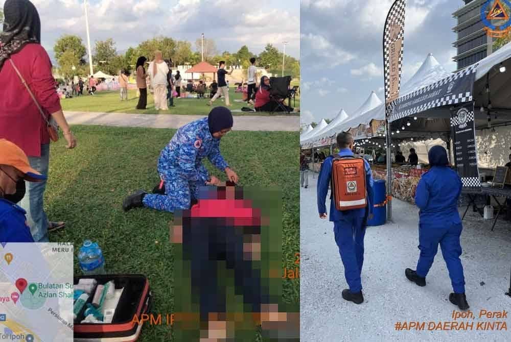 Anggota APM beri rawatan awal kepada mangsa yang hampir pitam ketika mengunjungi bazar Ramadan Bulatan Sultan Azlan Shah, Ahad lalu. Foto ihsan APM Daerah Kinta