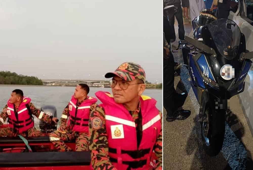 (Gambar kanan) Anggota bomba melakukan pencarian mangsa selepas operasi SAR diaktifkan. (Gambar kiri) Motosikal dipercayai milik mangsa yang ditemui ditinggalkan di atas Jambatan Putra. Foto JBPM Pahang