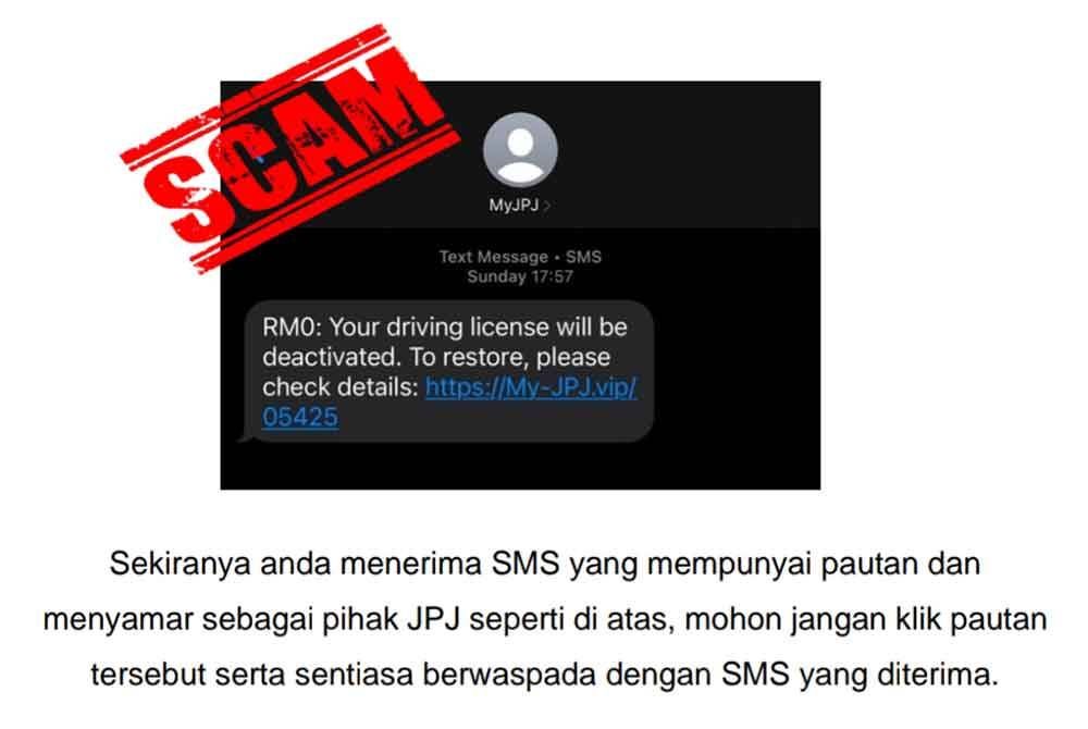 JPJ mengesan tindakan pihak tidak bertanggungjawab menghantar SMS mengandungi pautan pishing yang dipercayai bertujuan memperdaya orang ramai. Foto JPJ