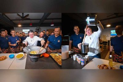 Kor Ming menunjukkan bakatnya dalam masakan ketika menyantuni anggota bomba di Balai Hang Tuah, Kuala Lumpur pada Program Singgah Sahur.