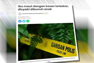 Laporan Sinar Harian mengenai seorang wanita ditemukan maut dengan kesan terbakar, dipercayai dibunuh anak lelakinya.