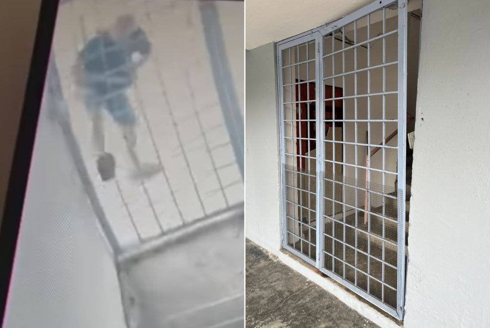 Video tular individu dipercayai mengalami masalah mental menendang pintu jeriji di Rumah Pangsa Templer, Seremban. Gambar kanan: Pintu jeriji yang rosak akibat vandalisme di Rumah Pangsa Templer, Seremban.