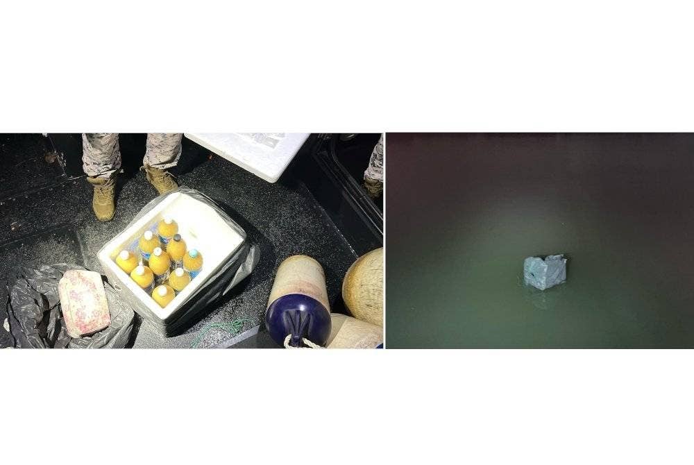 Sebanyak 13.5 liter air ketum dalam satu operasi di perairan negeri ini pada Rabu. Foto Maritim Pahang .(Kanan: Satu bungkusan plastik hitam terapung di dalam sungai, dipercayai telah dibuang oleh suspek. Foto Maritim Pahang)