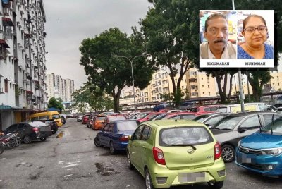 Penduduk terpaksa meletakkan kenderaan secara berlapis kerana kekurangan parkir. (Gambar kecil: Sugumaran, Muniamah)