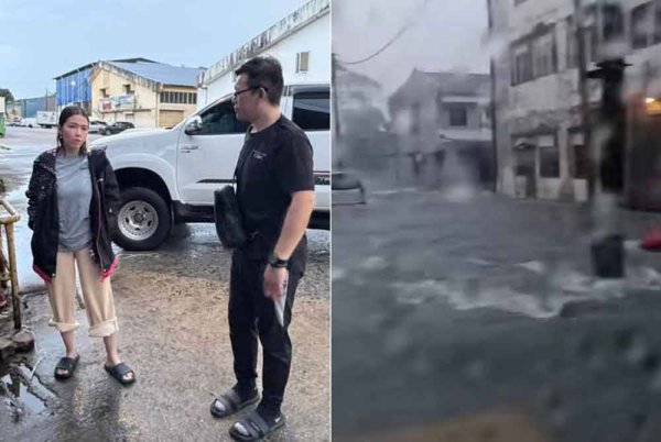 Marina meninjau kawasan terjejas banjir kilat di Skudai yang telah surut. Gambar kanan: Tangkap layar tular keadaan banjir kilat di sekitar Skudai pada petang Selasa.