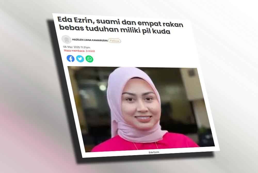 Sinar Harian pada Khamis melaporkan Eda Ezrin bersama suami dan empat lagi rakan terlepas daripada penjara selepas dibebaskan daripada tuduhan memiliki 6,059 biji pil kuda yang ditemukan di dalam sebuah bilik hotel di Golok pada 1 November lalu.