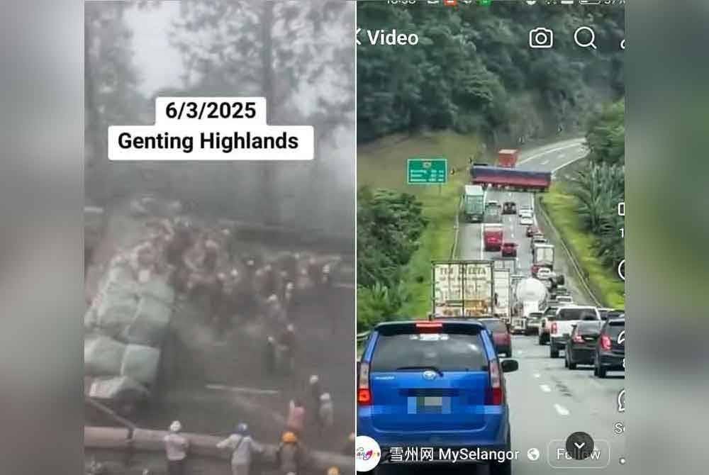 Tangkap layar menerusi rakaman video yang dikongsi di laman Facebook MySelangor memaparkan kejadian sebuah treler yang mengalami masalah brek dan mengundur secara tiba-tiba dalam kejadian di KM 1 jalan naik arah Genting Highlands dan di KM 40.85 arah timur dari Genting Sempah ke Bukit Tinggi, pada Khamis.