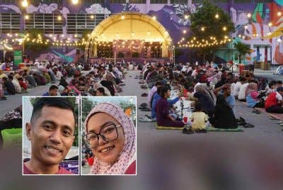 Seramai 50 pengunjung terawal berbaju merah berpeluang mendapat kupon air percuma di Iftar Ala Madinah pada Selasa. Foto dari kiri: Hafiz, Nur Asyikin