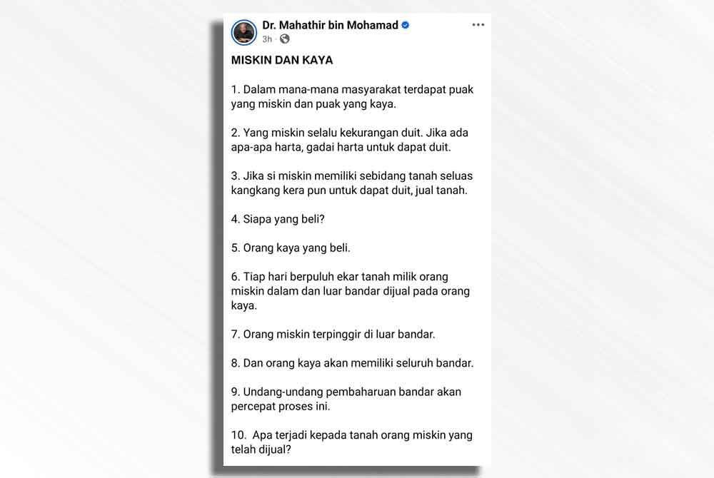 Hantaran Dr Mahathir di Facebook beliau pada Jumaat.