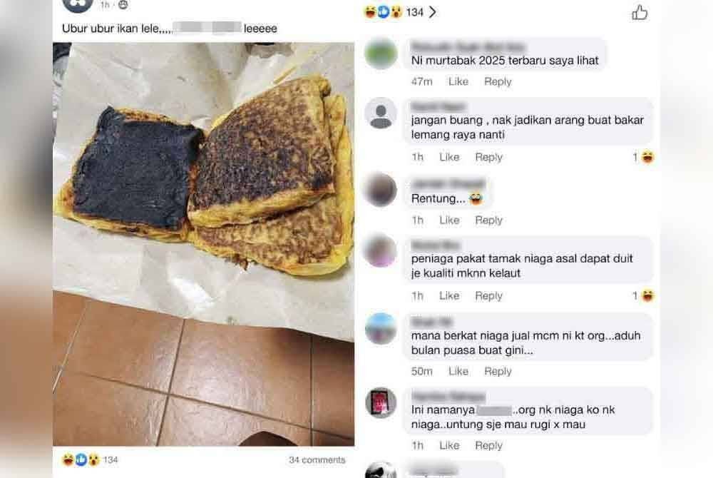 Tangkap layar gambar murtabak hangus tular di Facebook. Foto kanan: Para netizen beri komen susulan gambar tersebut tular.