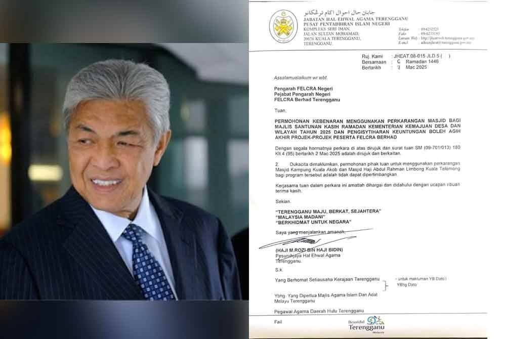 Surat rasmi JHEAT yang diedarkan pada Jumaat berhubung penolakan permohonan menggunakan pekarangan masjid bagi program bersama TPM pada Sabtu. Ahmad Zahid (kiri).