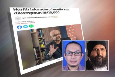 Laporan Sinar Harian mengenai Harith Iskander serta Cecelia Yap Song masing-masing dikompaun RM10,000 oleh SKMM. Gambar kecil dari kiri: Mohd Ridwan dan Shamsher