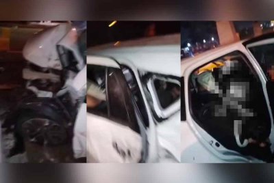 Tangkap layar video tular keadaan kereta yang dipercayai hilang kawalan dan terbabas melanggar penghadang jalan di Jalan Tanjung Bendahara, pada malam Khamis.