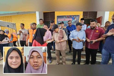 Mohd Arifin menyampaikan sumbangan wang tunai kepada mangsa kebakaran Kampung Cempaka, di Dewan Likas, Kota Kinabalu. Gambar kecil: Dayang Nurain (kiri), Fatimah