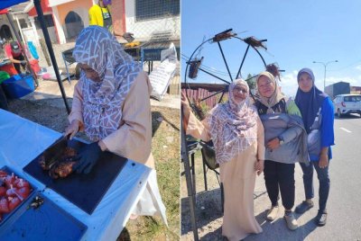 Wan Maimunah menyiapkan ayam golek ditempah pelanggan di gerai jualan ayam golek 'Ferris Wheel' milik anaknya di Kampung Wakaf Beruas, Kuala Terengganu. Foto kanan: Wan Maimunah turut bergambar bersama peminat.