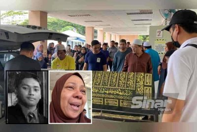 Jenazah Muhammad Dhani, (foto kecil) dibawa masuk ke van jenazah selepas selesai bedah siasat di Jabatan Forensik HSB. Foto kecil: Sharifah Nur Afzan