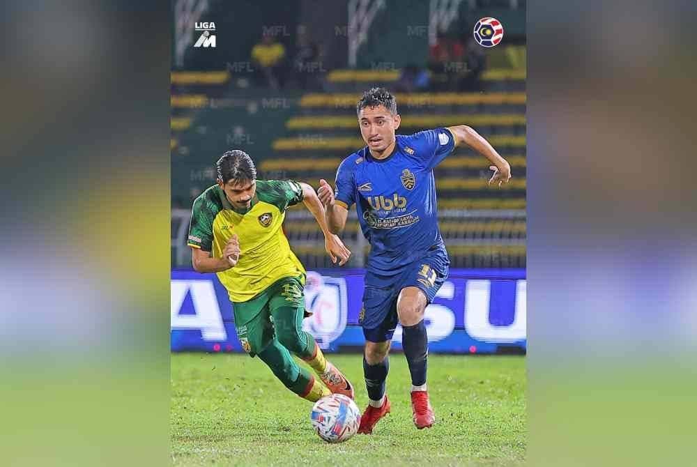 Pemain KL City, Patrick Alcala Reichelt (kanan) dikejar tonggak Kedah, Aiman Afif Afizul dalam aksi Liga Super di Alor Setar. Foto Liga Bolasepak Malaysia