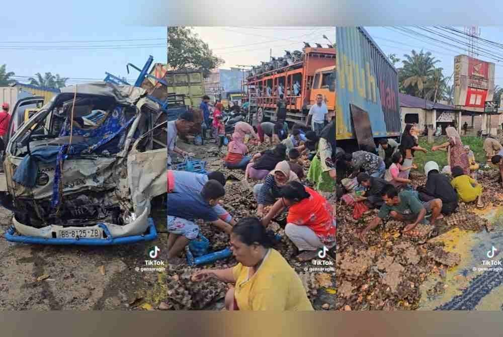 Tangkap layar menunjukkan orang ramai mengambil telur ayam yang terjatuh di tepi jalan.