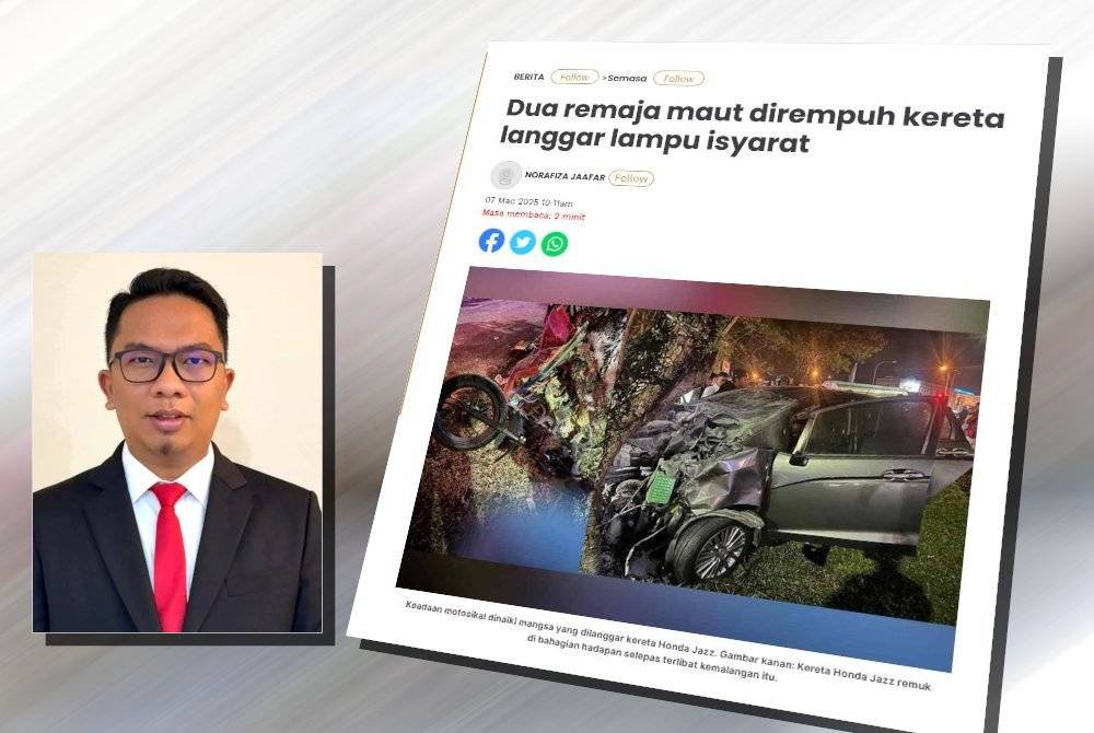 Laporan Sinar Harian berhubung dua remaja dirempuh kereta langgar lampu isyarat. (Gambar kecil: Khairul Nizam)