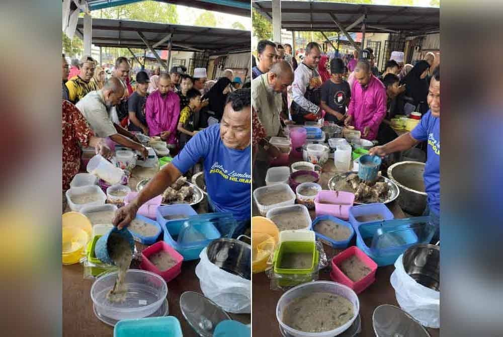 Orang ramai beratur untuk mendapatkan bubur lambuk 'gear box' di Pasar Tani Padang Hiliran pada Jumaat.