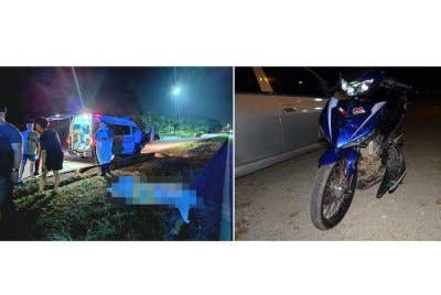 (Gambar kiri) Mangsa disahkan meninggal dunia di tempat kejadian selepas motosikal ditunggang terbabas sendiri di Jalan Pintasan Kuantan berhampiran simpang Perumahan Damansara pada awal pagi Sabtu. Gambar kanan: Motosikal ditunggang mangsa dalam kejadian di Besut, Terengganu.