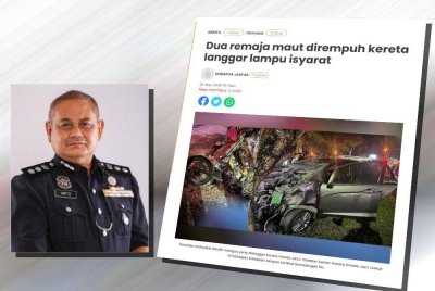 Laporan Sinar Harian mengenai kematian dua remaja akibat dirempuh kereta langgar lampu isyarat. (Gambar kecil: Mohamad Hatta)