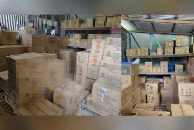 Kotak-kotak berisi pelbagai jenis mercun disyaki tanpa permit yang dirampas hasil serbuan PPM Wilayah 3 ke atas sebuah stor di Kampung Sri Damai pada Khamis lalu. FOTO PPM Wilayah 3