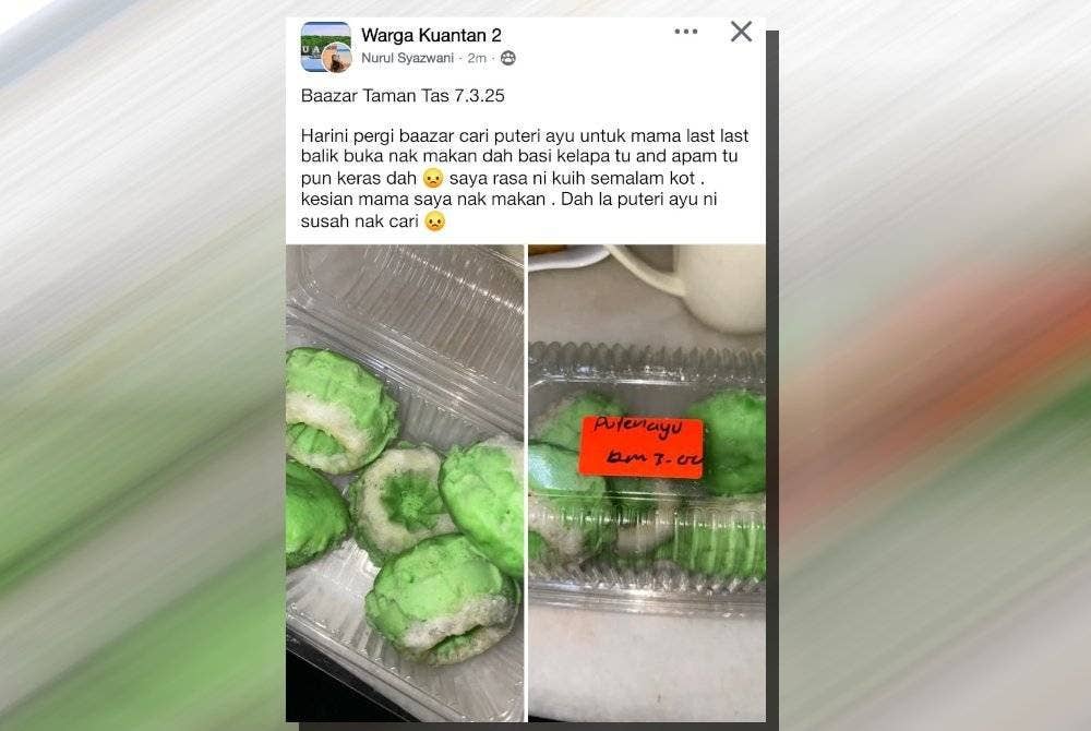 Tangkap layar mengenai kuih Puteri Ayu yang dibeli dalam keadaan tidak baik. 