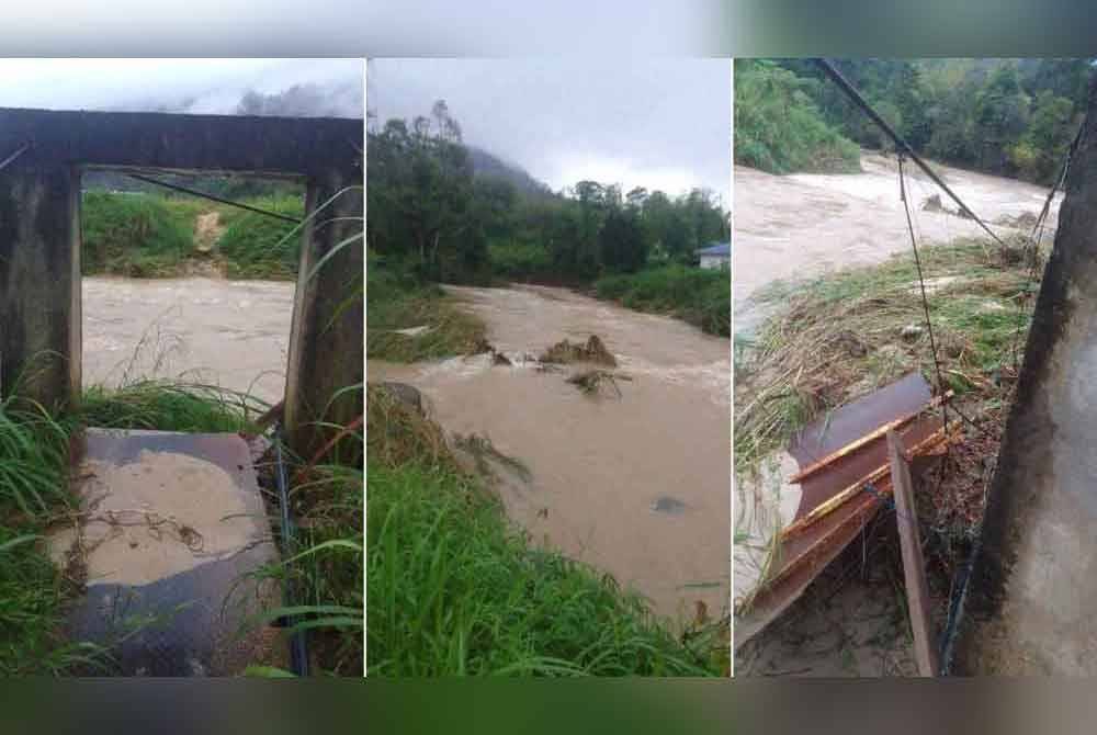 Jambatan gantung besi Sungai Balar tidak dapat digunakan kerana terputus. Foto ihsan pembaca.