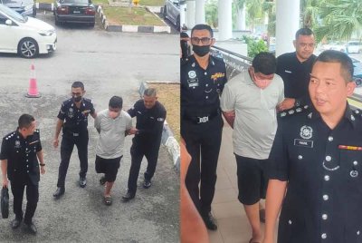 Tertuduh diiringi anggota dan pegawai polis semasa dituduh di Mahkamah Majistret Alor Setar pada Ahad.